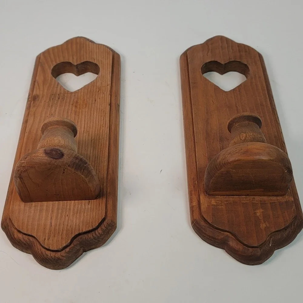 Vintage Wooden Wall Sconce Candle Holders Pair Heart Cutout Farmhouse 12in